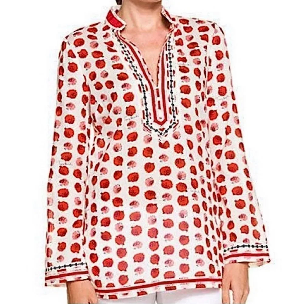 Tory Burch Tory Tunic in Tapioca Hedgehog Cotton Cream & Red Print Size 0 RARE